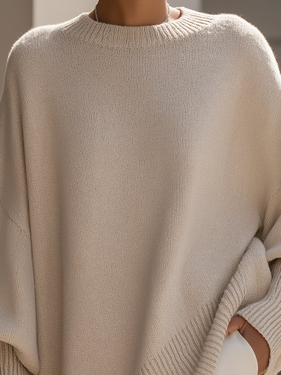 Women's Oversized Jumper with Round Neck and Ribbed Trims