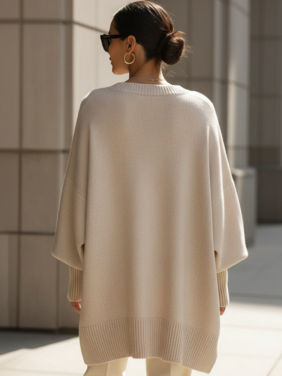 Women's Oversized Jumper with Round Neck and Ribbed Trims