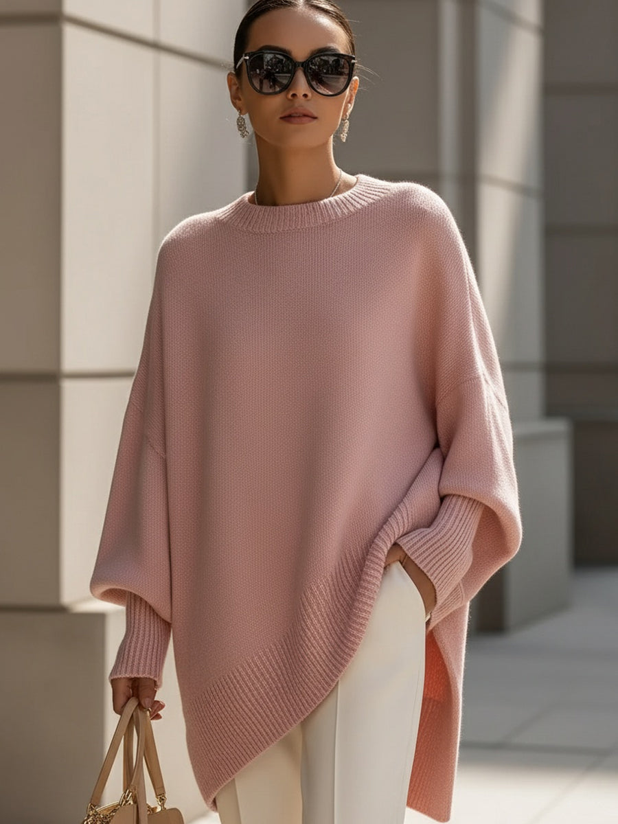 Women's Oversized Jumper with Round Neck and Ribbed Trims