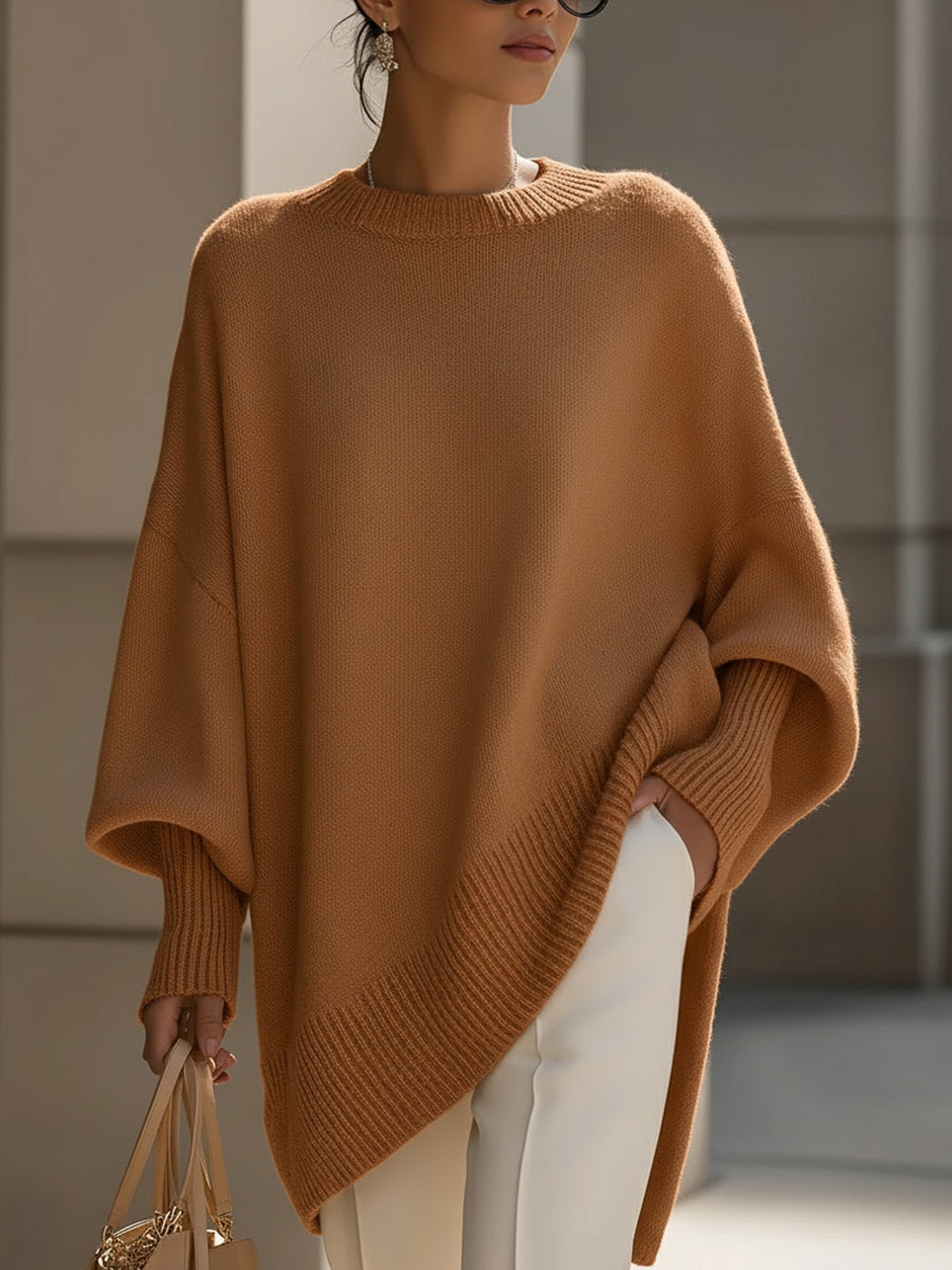 Women's Oversized Jumper with Round Neck and Ribbed Trims
