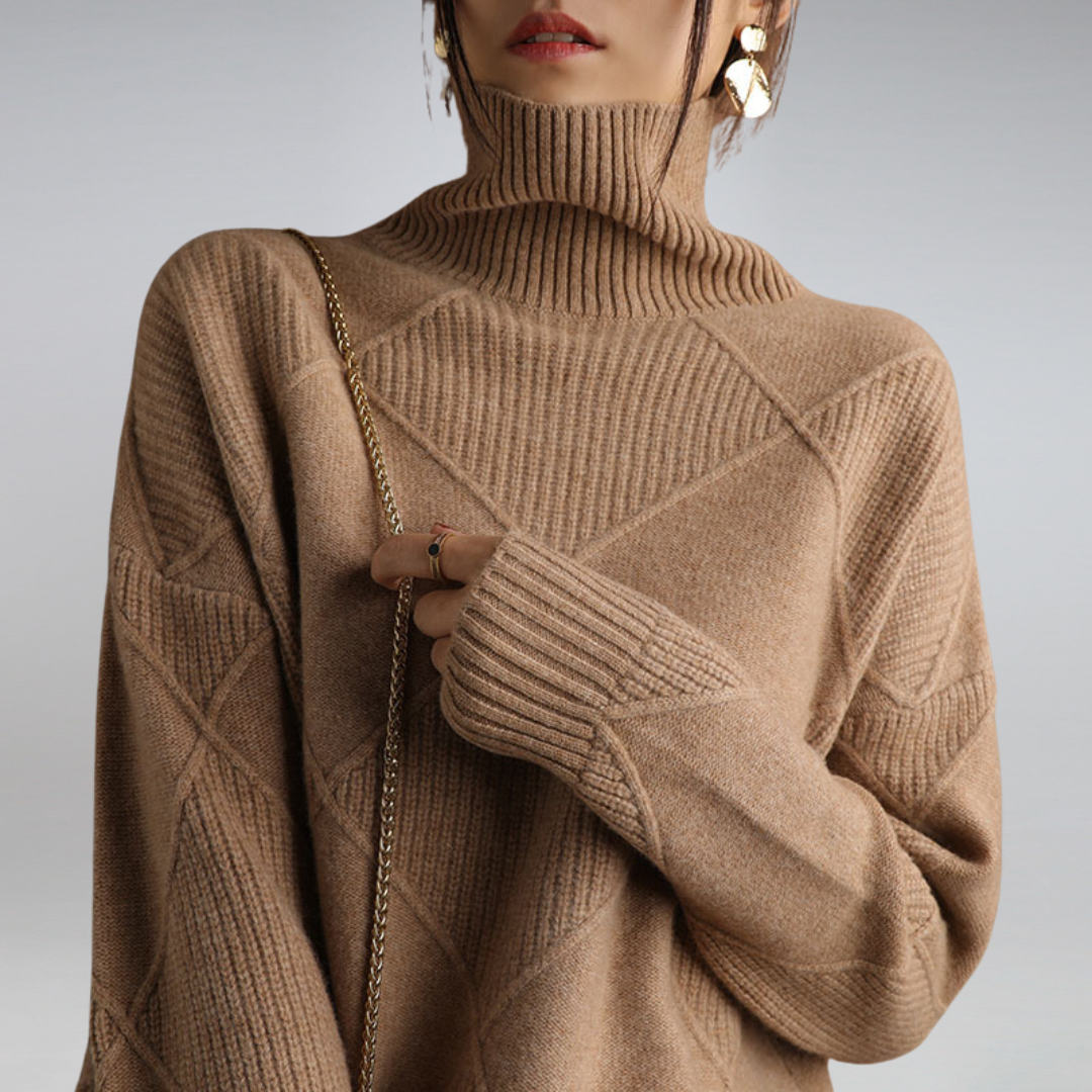 Women's Textured Turtleneck Knit Jumper with Ribbed Cuffs