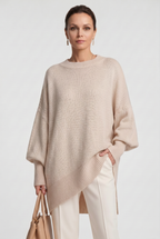 Women's Oversized Knitted Jumper with Crew Neck and Asymmetric Hem - Beige
