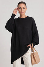 Women's Oversized Knitted Jumper with Crew Neck and Asymmetric Hem - Black