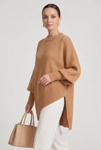 Women's Oversized Knitted Jumper with Crew Neck and Asymmetric Hem - Brown