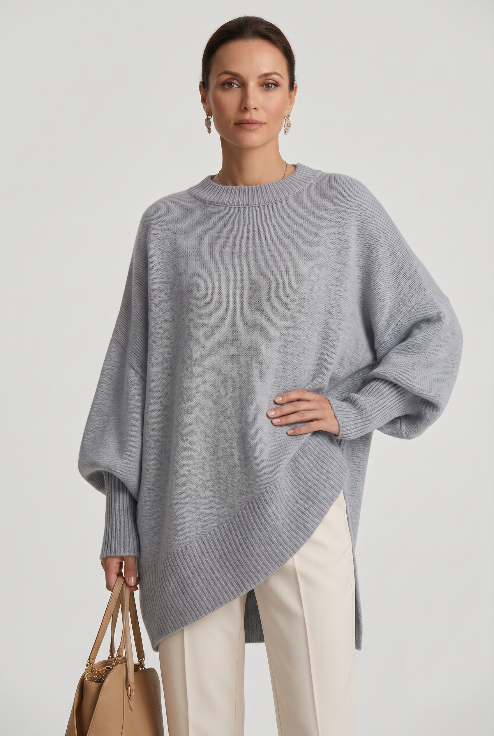 Women's Oversized Knitted Jumper with Crew Neck and Asymmetric Hem - Grey