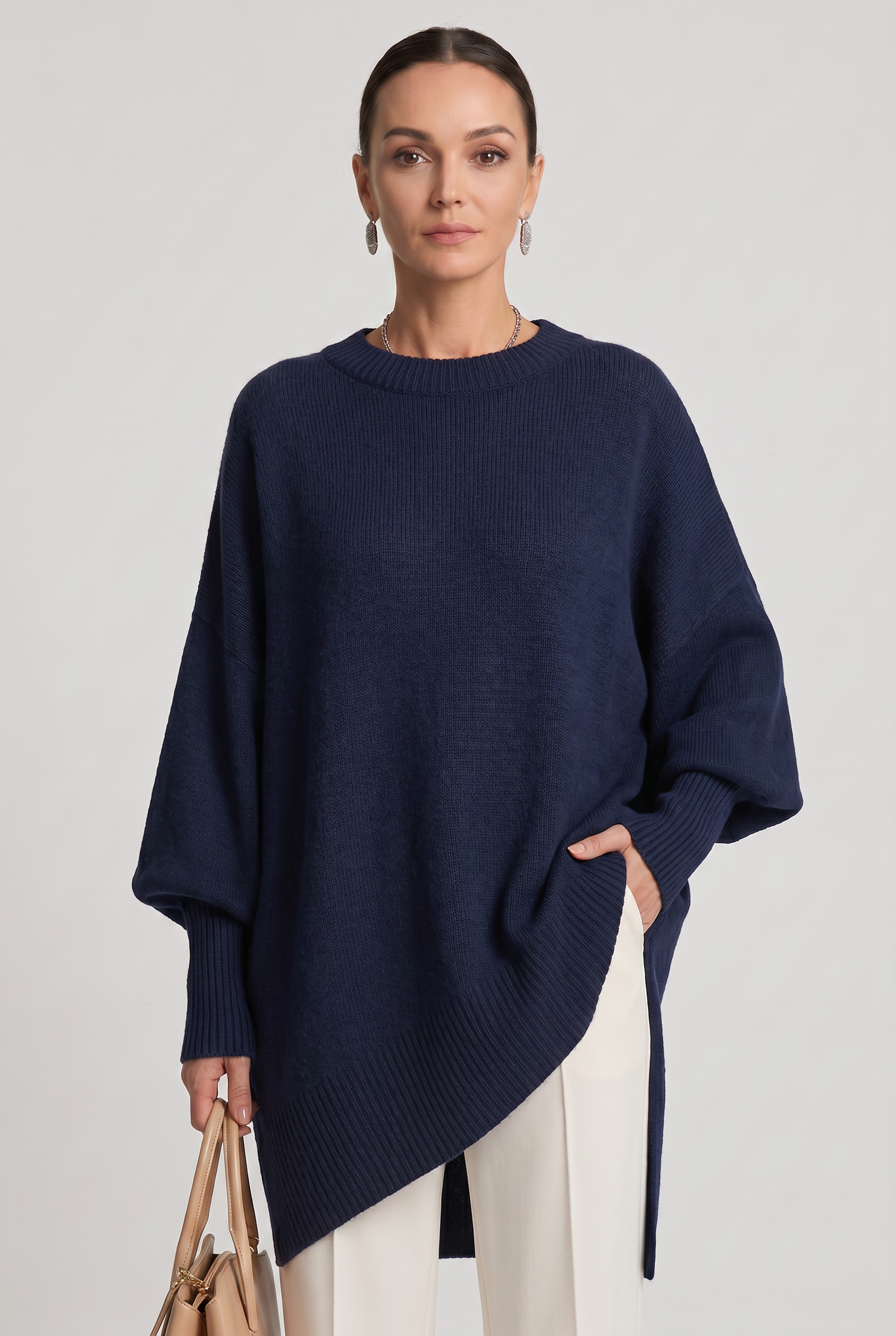 Women's Oversized Knitted Jumper with Crew Neck and Asymmetric Hem - Navy Blue