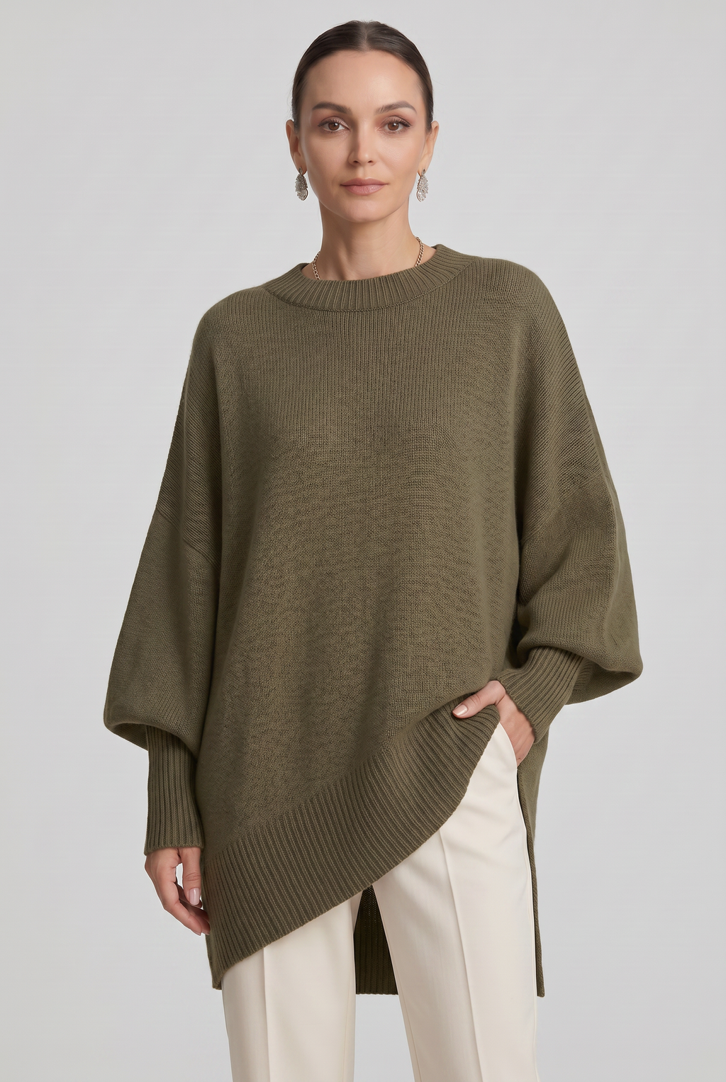 Women's Oversized Knitted Jumper with Crew Neck and Asymmetric Hem - Olive Green