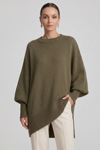 Women's Oversized Knitted Jumper with Crew Neck and Asymmetric Hem - Olive Green