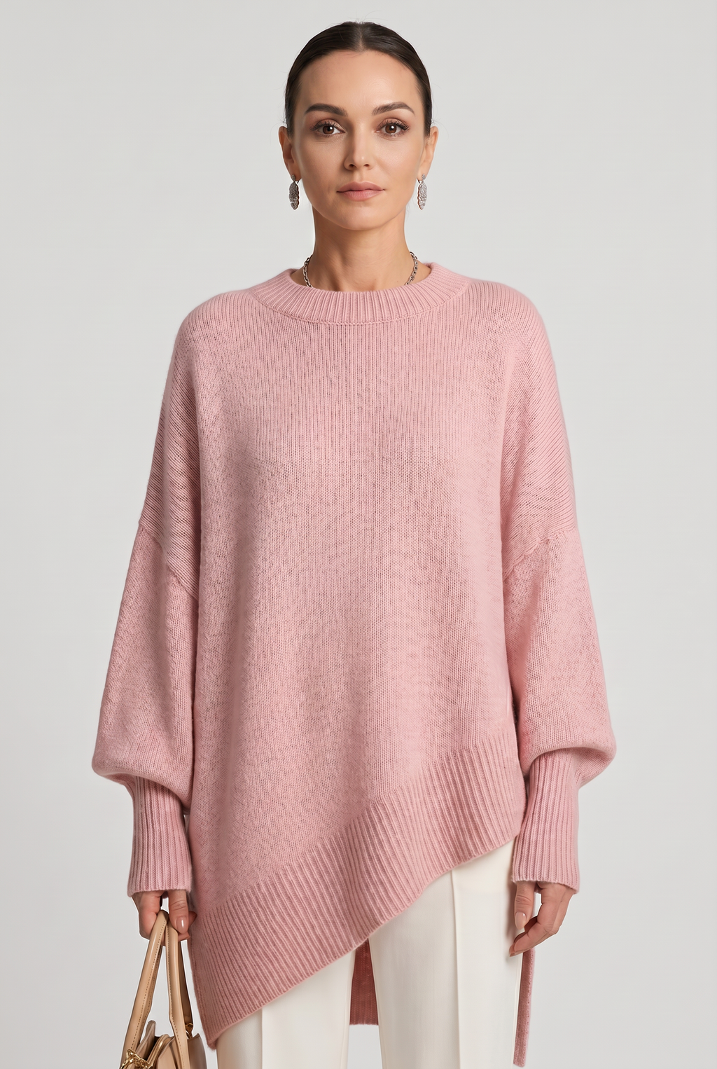 Women's Oversized Knitted Jumper with Crew Neck and Asymmetric Hem - Pink