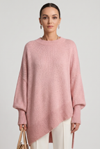 Women's Oversized Knitted Jumper with Crew Neck and Asymmetric Hem - Pink