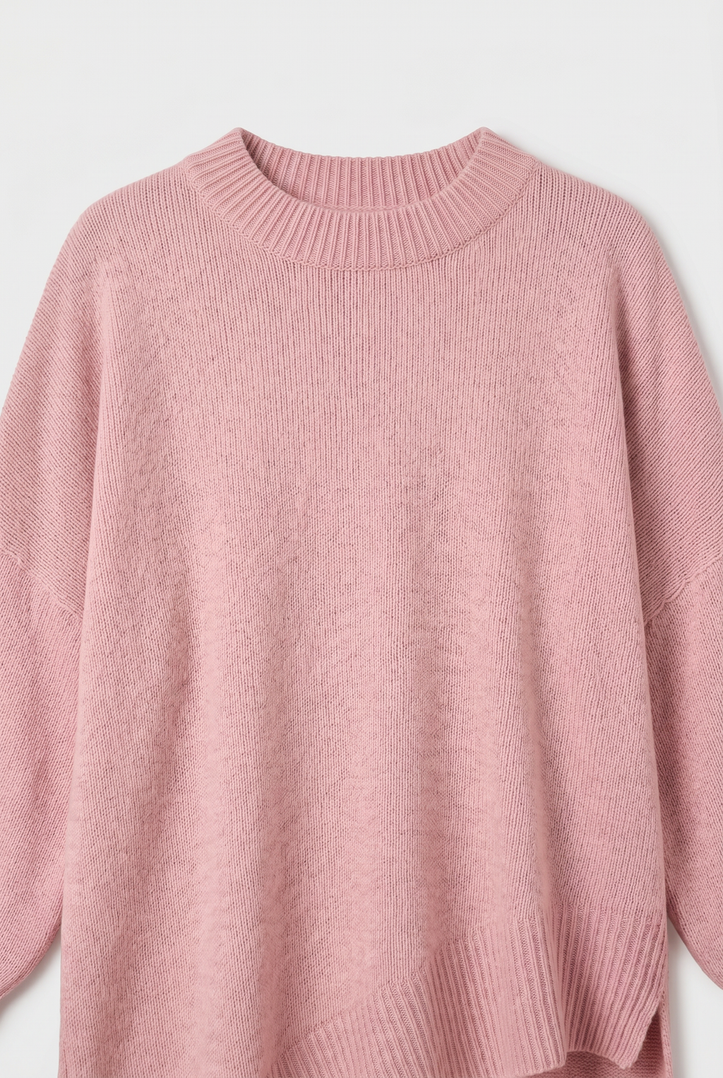 Women's Oversized Knitted Jumper with Crew Neck and Asymmetric Hem - Pink