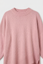 Women's Oversized Knitted Jumper with Crew Neck and Asymmetric Hem - Pink