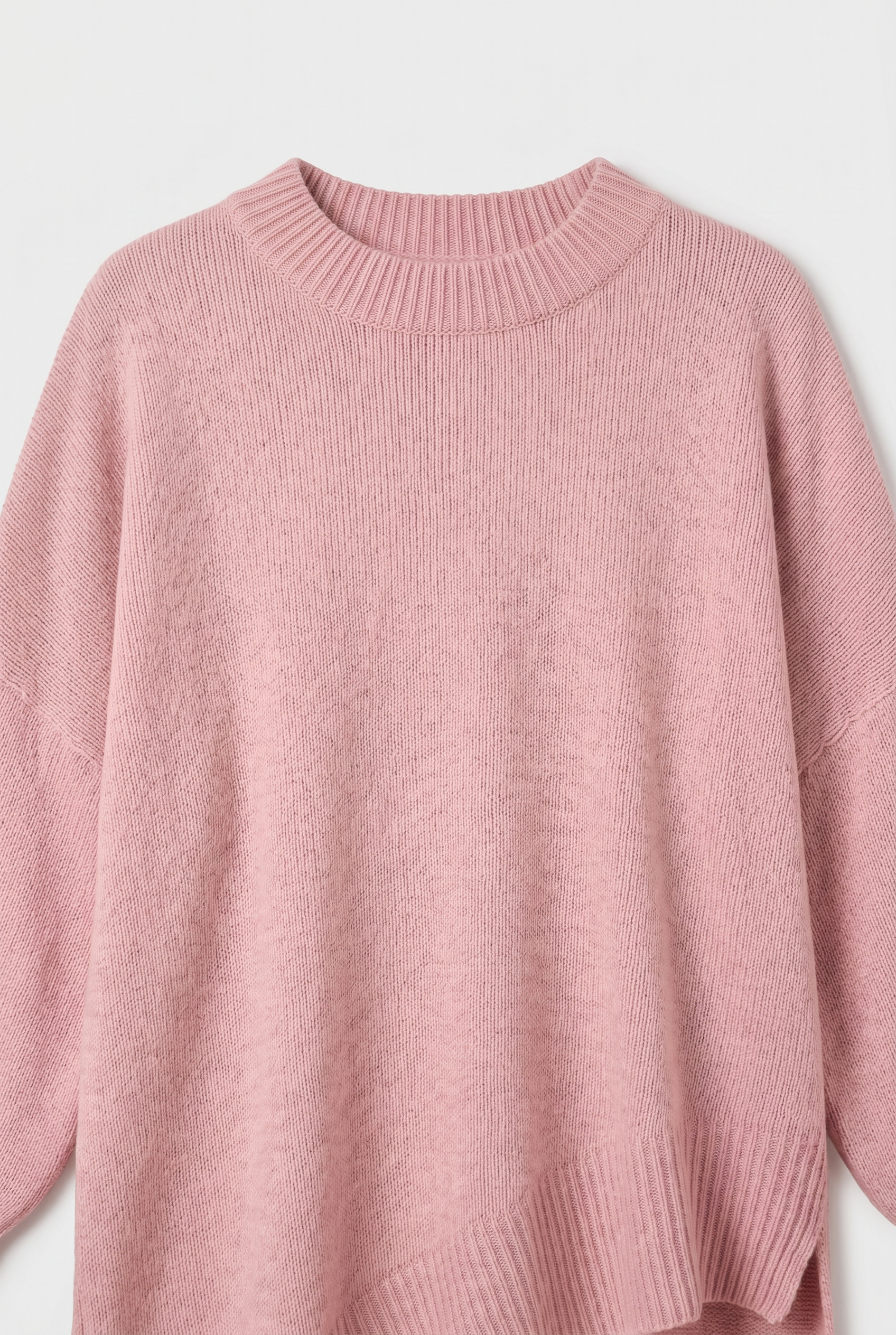 Women's Oversized Knitted Jumper with Crew Neck and Asymmetric Hem - Pink