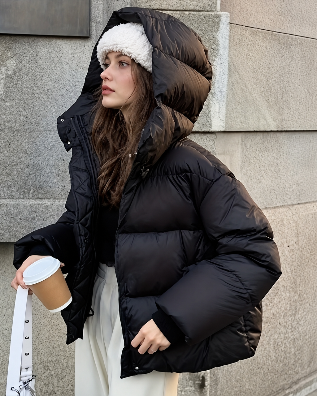 Women's Oversized Padded Puffer Jacket with Hood and Zip Front