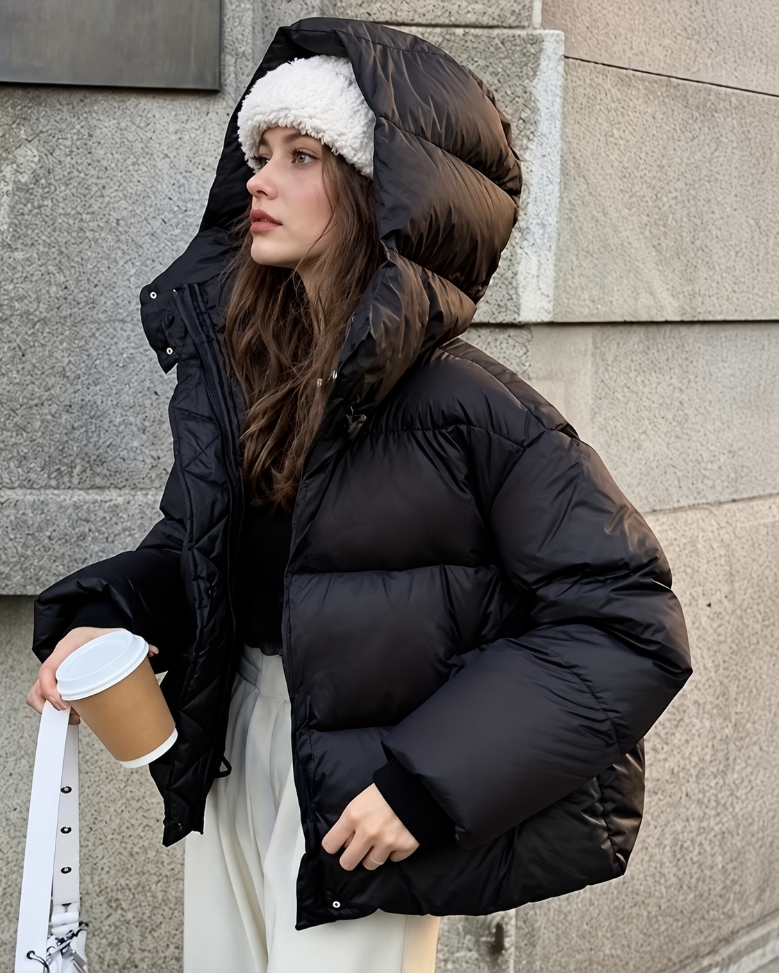 Women's Oversized Padded Puffer Jacket with Hood and Zip Front