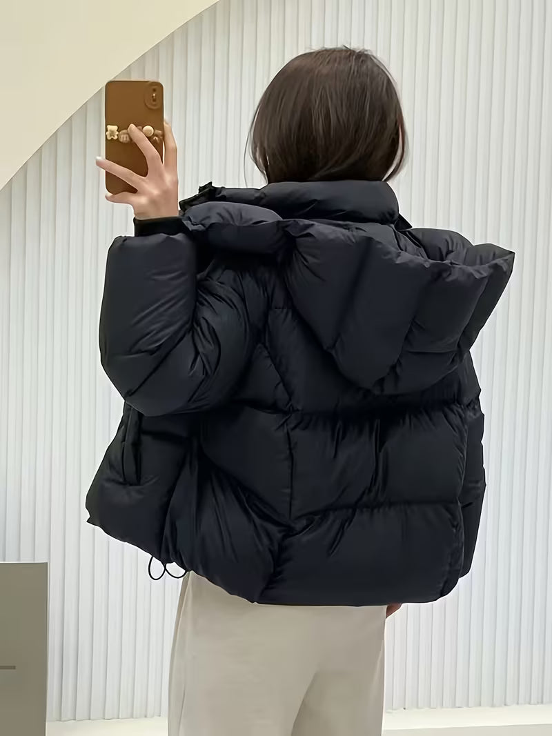 Women's Oversized Padded Puffer Jacket with Hood and Zip Front
