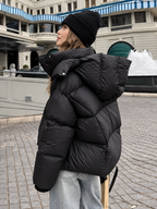 Women's Oversized Padded Puffer Jacket with Hood and Zip Front
