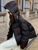 Women's Oversized Padded Puffer Jacket with Hood and Zip Front