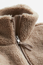 Women's Oversized Teddy Fleece Jacket with Stand Collar and Zip Front