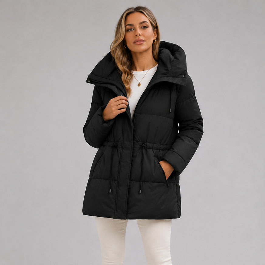 Women's Padded Hooded Parka with Drawstring Waist and Pockets