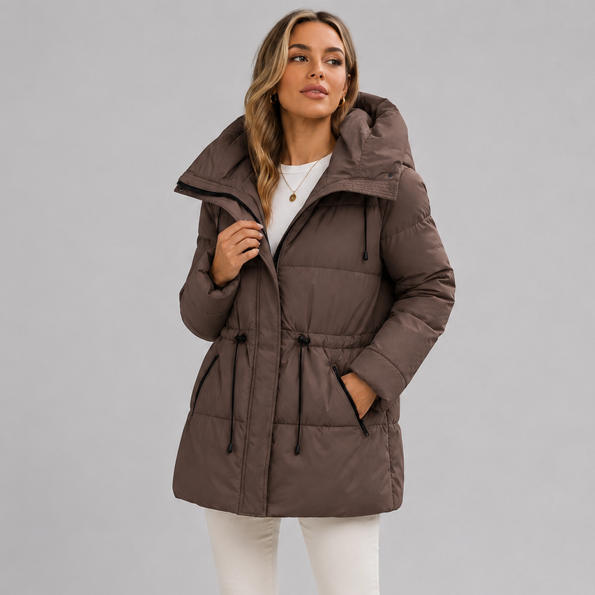 Women's Padded Hooded Parka with Drawstring Waist and Pockets