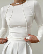 Women's Ribbed Long Sleeve Top | Exposed Seam Crew Neck Slim Tee