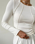 Women's Ribbed Long Sleeve Top | Exposed Seam Crew Neck Slim Tee