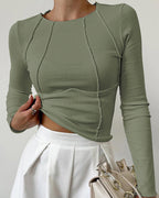 Women's Ribbed Long Sleeve Top | Exposed Seam Crew Neck Slim Tee