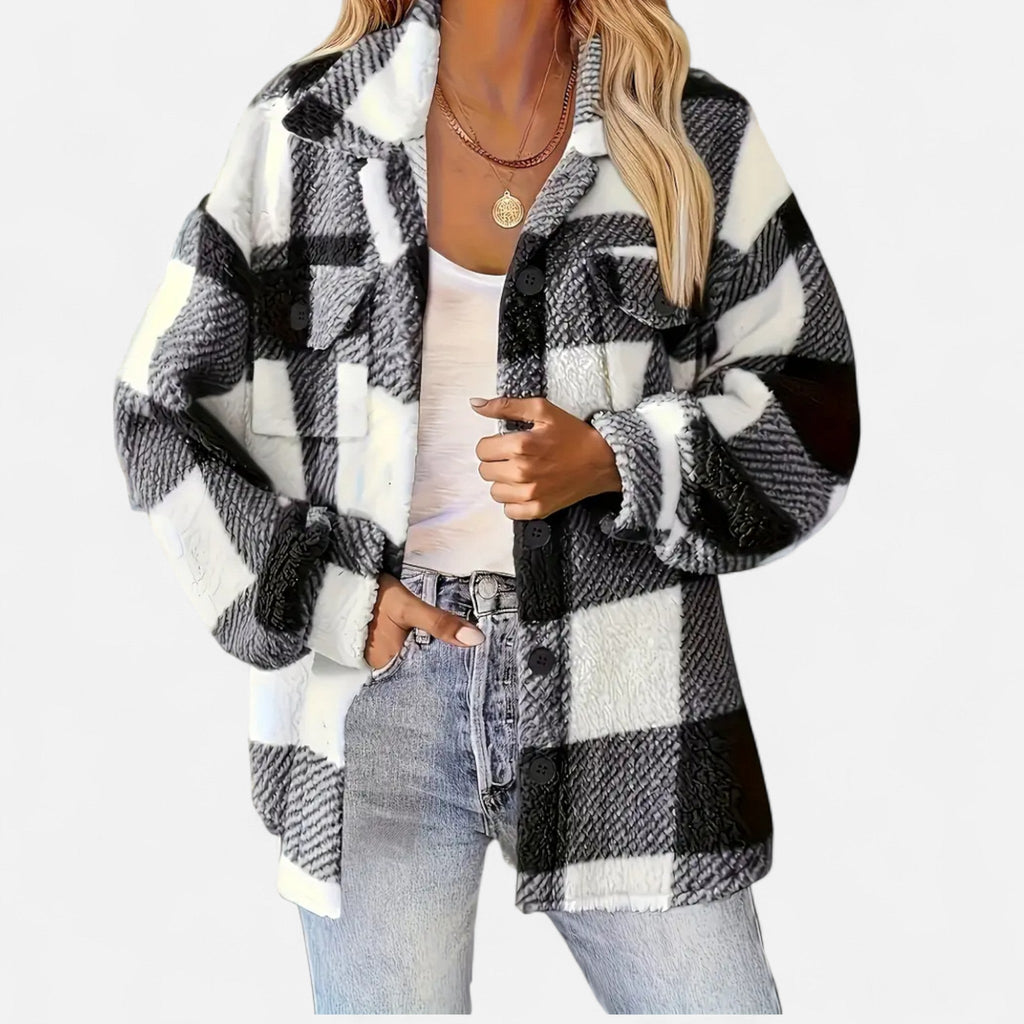 Women's Plaid Sherpa Jacket with Button Front and Pockets