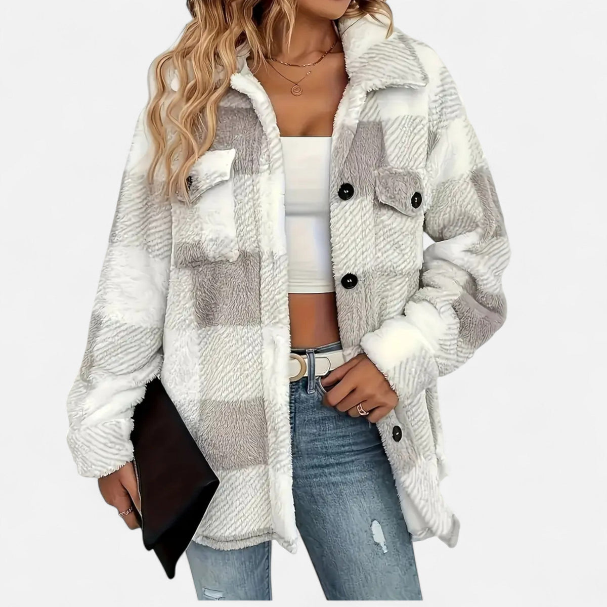 Women's Plaid Sherpa Jacket with Button Front and Pockets
