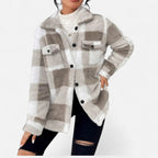 Women's Plaid Sherpa Jacket with Button Front and Pockets