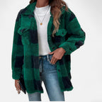 Women's Plaid Sherpa Jacket with Button Front and Pockets