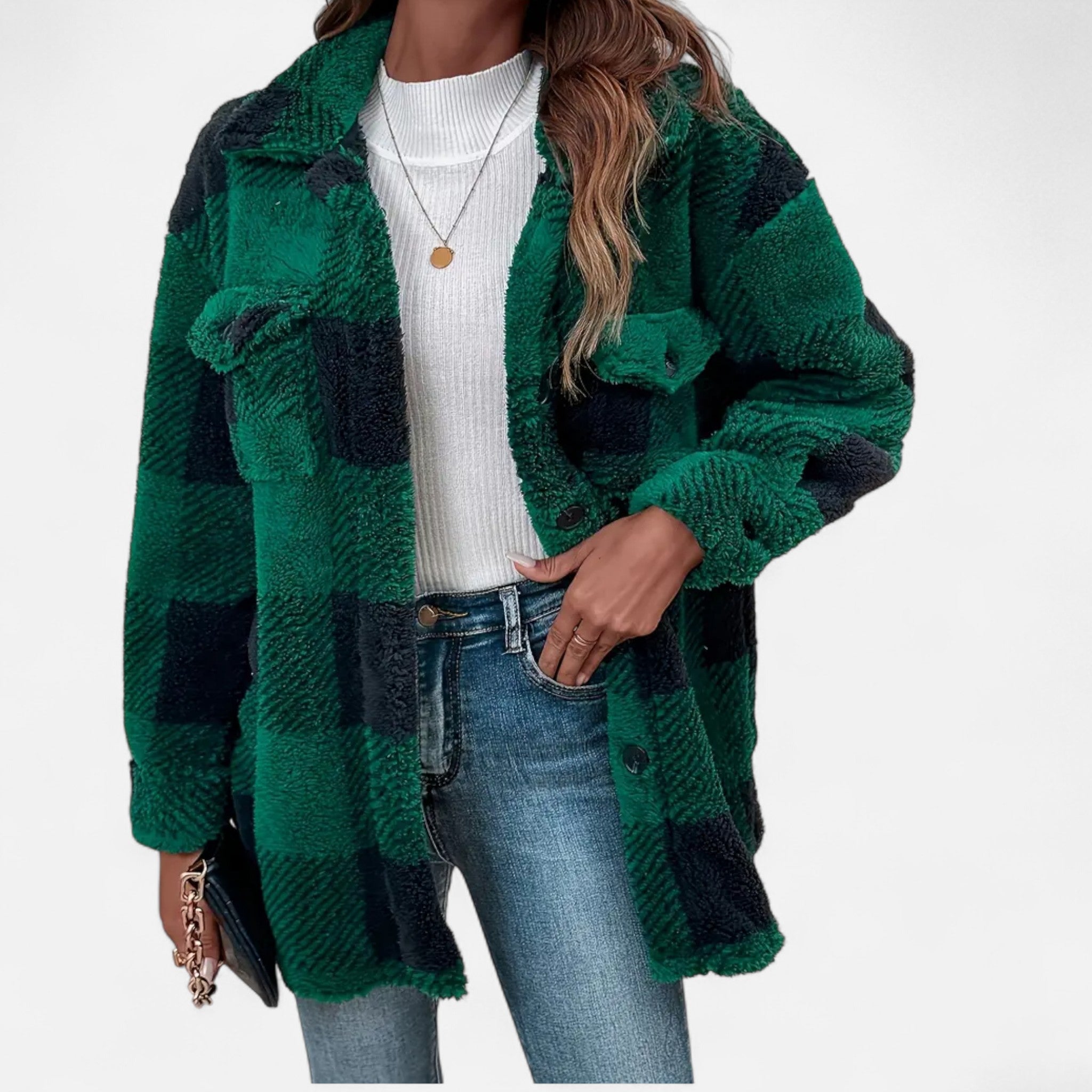 Women's Plaid Sherpa Jacket with Button Front and Pockets