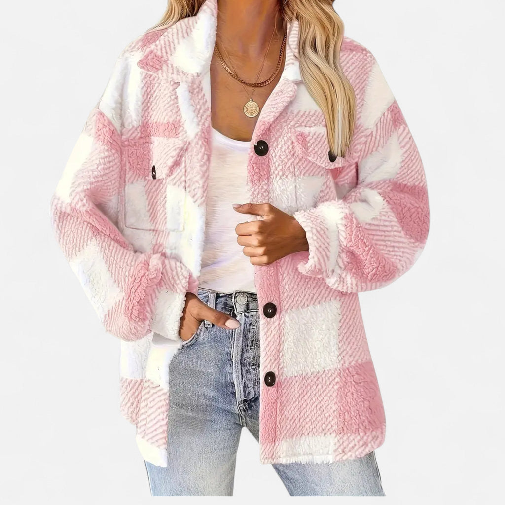 Women's Plaid Sherpa Jacket with Button Front and Pockets