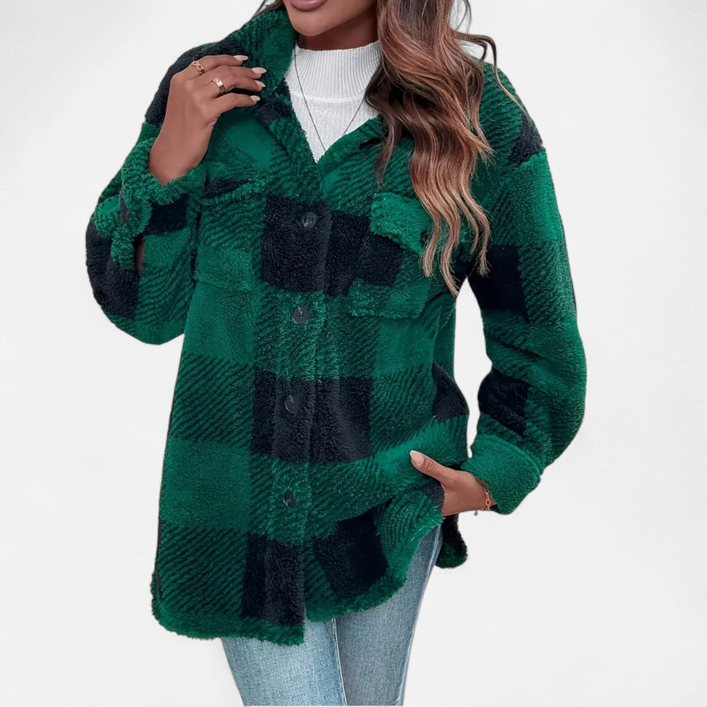 Women's Plaid Sherpa Jacket with Button Front and Pockets