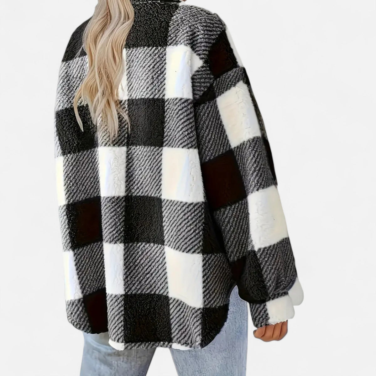Women's Plaid Sherpa Jacket with Button Front and Pockets