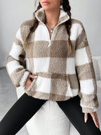 Women's Plaid Sherpa Pullover with Quarter Zip and High Neck