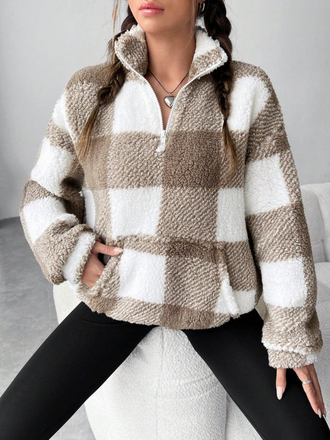 Women's Plaid Sherpa Pullover with Quarter Zip and High Neck