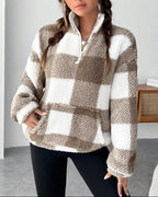 Women's Plaid Sherpa Pullover with Quarter Zip and High Neck