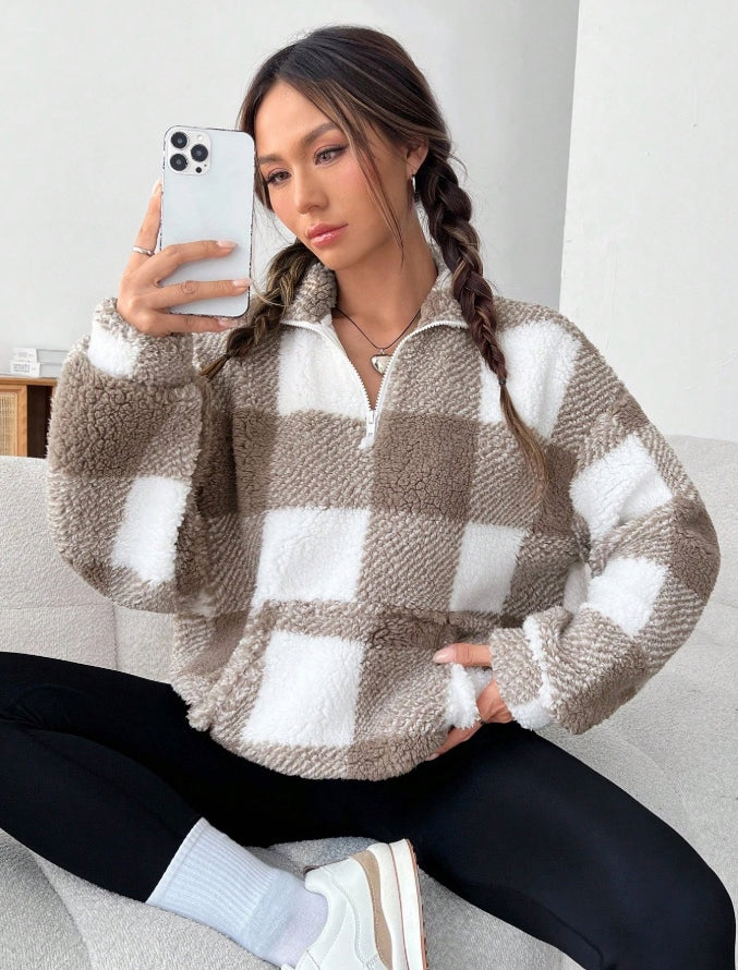 Women's Plaid Sherpa Pullover with Quarter Zip and High Neck