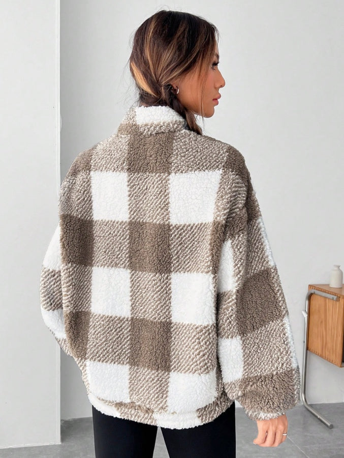 Women's Plaid Sherpa Pullover with Quarter Zip and High Neck
