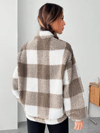 Women's Plaid Sherpa Pullover with Quarter Zip and High Neck