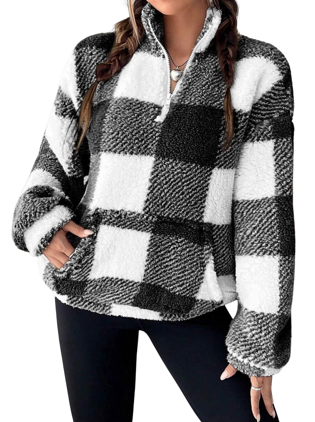 Women's Plaid Sherpa Pullover with Quarter Zip and High Neck