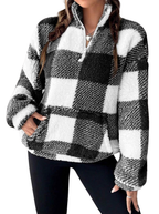 Women's Plaid Sherpa Pullover with Quarter Zip and High Neck
