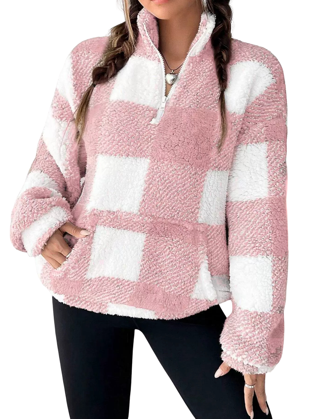 Women's Plaid Sherpa Pullover with Quarter Zip and High Neck