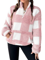 Women's Plaid Sherpa Pullover with Quarter Zip and High Neck