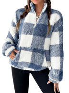 Women's Plaid Sherpa Pullover with Quarter Zip and High Neck