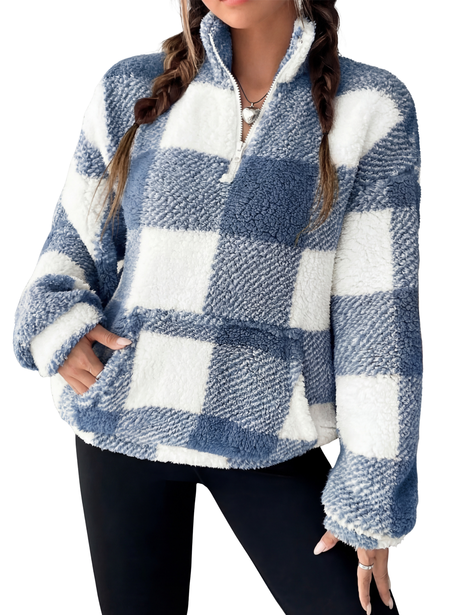 Women's Plaid Sherpa Pullover with Quarter Zip and High Neck