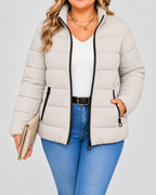 Women's Puffer Jacket with Stand Collar and Zip Pockets - beige