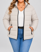 Women's Puffer Jacket with Stand Collar and Zip Pockets - beige
